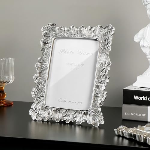 Silver 5x7 Picture Frame, Vintage Silver Palm Leaves Textured Hand-Crafted Resin with Glass Front Elegant Retro Vintage Rustic Design Photo Frame for Wall and Tabletop Display Home Decor