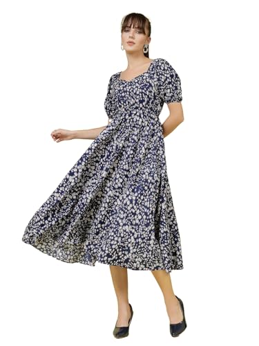 Image of OOMPH! Below Knee Shift Pink Dress in Crepe Fabric with Round Neck and Puff Sleeves - md619l