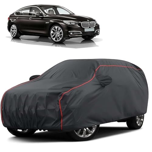 Image of Sulfar 100% Water Resistant Car Body Cover Compatible with Mirror for BMW 5 Series GT (Triple Stitched, Full Bottom Elastic, Dark Grey Taffeta with Red Piping)
