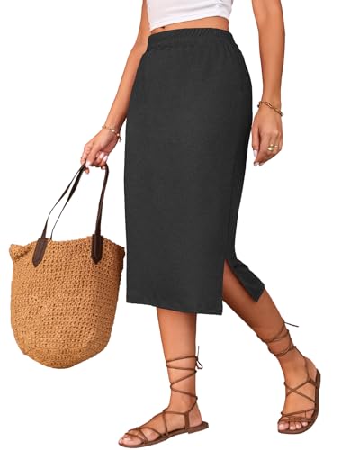 Image of Naggoo Midi Skirts for Women Summer Elastic High Waisted Side Slit Long Skirts
