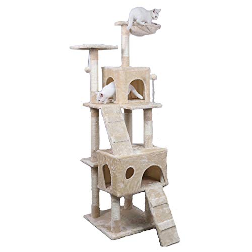 Arbre à chat, Tour de jeux avec Maison, perchoir, couchette et plateforme et Cordelettes Jeux. Convient pour plusieurs chats. Design Robuste plusieurs étages + Griffoir ou grattoir. (176) Cover