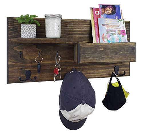 Hamilton Elite Wall Mounted Organizer Features 3 Double Coat Hooks, 3 Key Hooks, Display Shelf Along With A Mail Holder. Available In 20 Stains : Shown In Dark Walnut #TOP29
