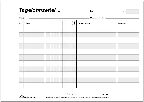 RNKVERLAG 182 - Tagelohnzettel, Block mit 3 x 40 Blatt, selbstdurchschreibend, DIN A5 quer