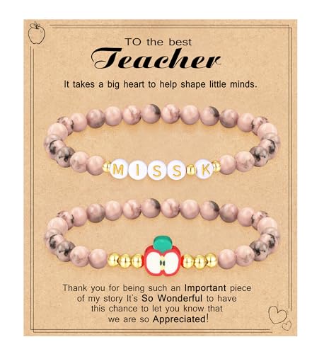 Teacher Appreciation Gifts for Women,Teacher Must Haves Initial Bracelet Mrs Miss End of Year Teacher Gifts Thank You for Helping Me Grow Music Math Science Teachers Bracelets Retirement 2 Set Jewelry