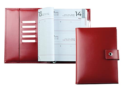 DELMON VARONE - Personalisierbarer Buch-Kalender DIN A5 2026 Cambridge Top Grain Leder Rot - Organizer Terminplaner (1 Tag 1 Seite) - Kalender-Buch mit Druckknopf Stiftschlaufe, Einschubfächer