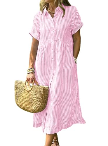 chouyatou Women's Summer Striped Midi Long Shirt Dress Casual Loose