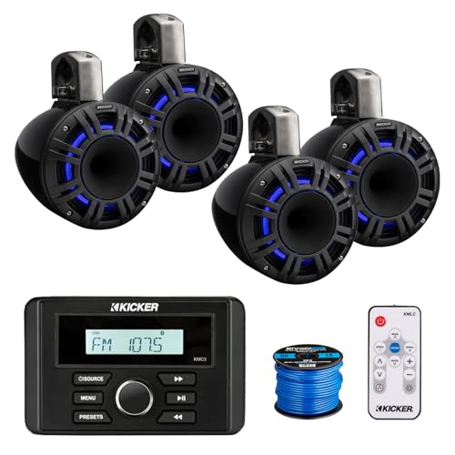 Kicker 46KMC3 Marine Gauge Style USB Bluetooth AM/FM Stereo Square Media Center Receiver, 4X 8 500 Watt Multicolor LED Horn-Loaded (HLCD) Tower Speakers (Black) with LED Remote, 50 Feet Wire