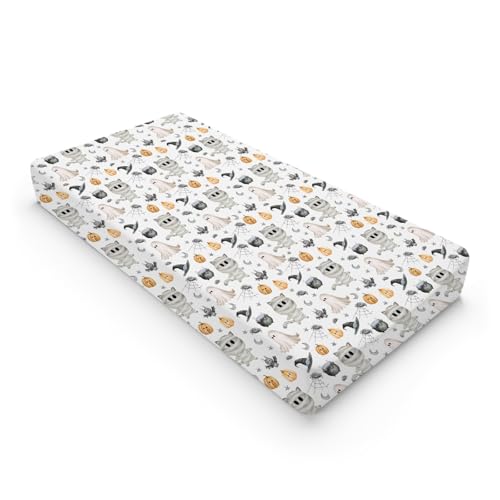 Image of Spooky Halloween Friends Baby Changing Pad Covers Cute Ghost Cats Bats Pumpkin Witch Nursery Diaper Changing Table Sheets for Boy Girl Halloween Party Soft Stretchy Fitted Change Table Mats 32''x16''
