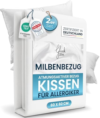 Glückstoff® 2er-Set Milbenbezug Kissen 60x60 [Zertifiziert IN Deutschland] - Premium Kissenschoner Encasing Milben - Allergiker Kissenschutzbezug - Allergie Bettwäsche Anti Milben