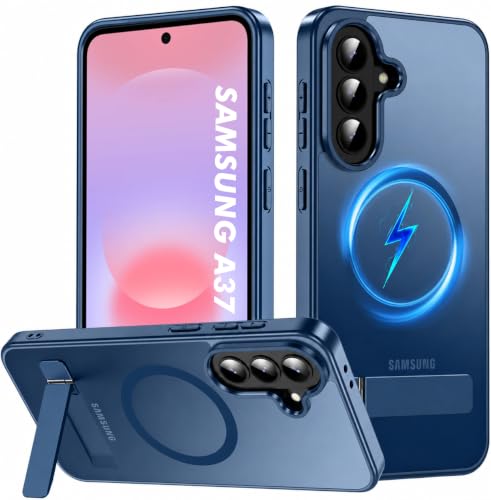 Image of Elzzi MagSafe Compatible Case for Samsung A37 Translucent Matte Bottom Kickstand Shockproof Slim Anti-Fingerprint Magnetic Hybrid Protective Cover (Navy)
