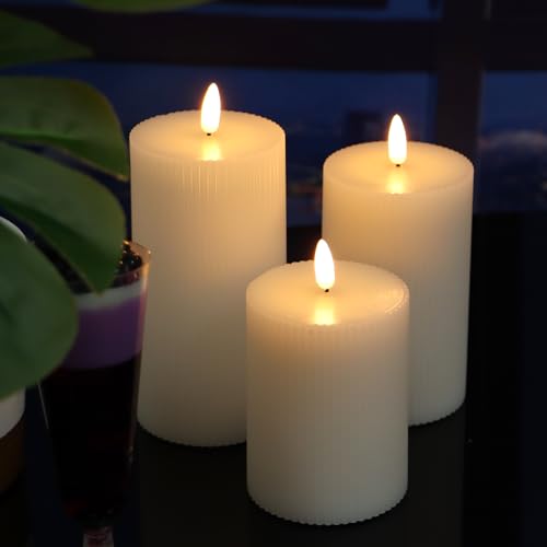 Image of 3 Pack Wax LED Flameless Candles with Remote Real Wax Battery Operated Electric Pillar Candle Set with Vertical Stripes 3D Black Wick for Home Party Wedding Decorations, White, D 3 x H 4 /5 /6 inch