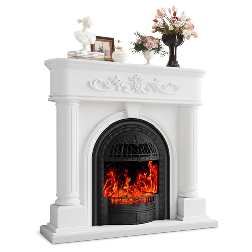 Image of 50 inch Solid Wood Electric Fireplace with Mantel, White Roman Column TV Stand with Black Arched Birdcage Heater Insert, Elegant Fireplace for Living Room, Bedroom & Entryway