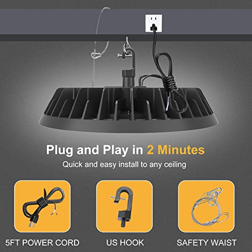 JC-LGL UFO LED High Bay Light 150W, High Bay LED Lights 24,000LM (160LM/W) 1-10V Dimmable, 5' Cable with Plug, Hanging Hook, Safe Rope, ETL Listed High Bay Light for Factory Barn Warehouse, 4 Pack