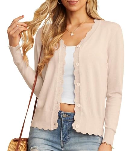GRECERELLE Cardigan Femme avec Boutons et Encolure en V Cardigan Femme Léger et Estival Elégant avec Dentelle (Abricot, L)