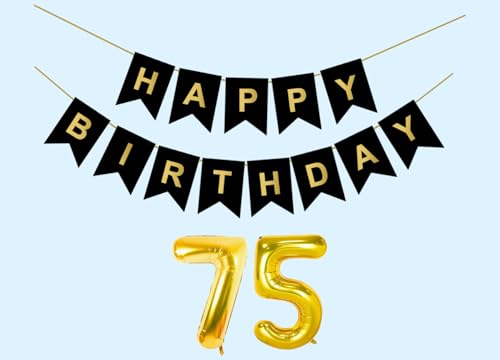 Image of Mystic Toy Store 75th Happy Birthday Decoration Kit Black for 75 year Old Men Women Adults with Number Seventy-five Party Decorations Decor Celebration Items Item Set Combo Reusable Paper Banner
