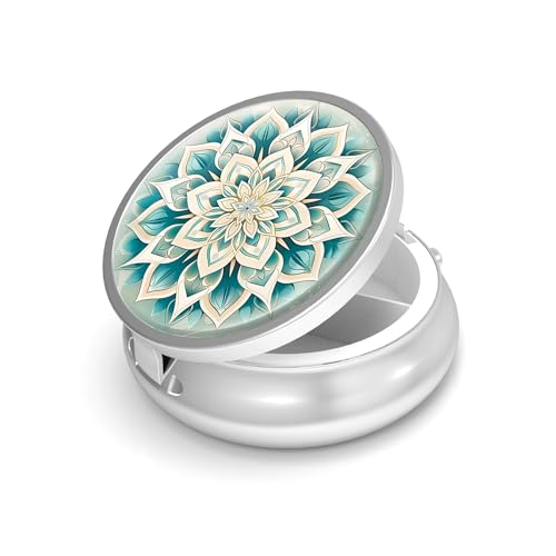 Image of Pill Box-3 Compartment Small Pill Case for Purse & Pocket Mini Metal Pill Holder Travel Pill Container to Hold Supplements Vitamins BPA-Free (Green Mandala)