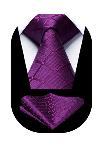 HISDERN Cravate Homme Violette à Carreaux Élégante Formelle Classique Cravate et Pochette en Soie Mariage d'Affaires Fete Cravates pour Hommes