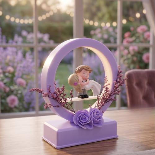 Image of Romantic Couple LED Night Lamp with Miniature Bride & Groom Figurine | Decorative Ring Light Table Lamp with Floral Base Gift for Couples, Wedding Gift, Valentine's Day Gift