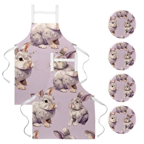 Lot de 2 tabliers de cuisine avec 4 broches et motif lapins multicolores