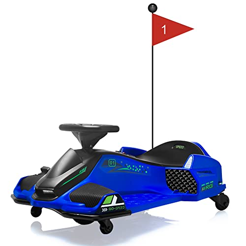 12V Kids Ride on Drift Car for Kids, 7ah 45W Motor Electric Drifting Go-Kart Up to 5 mph Variable Speed, Built-in Music,Colorful Tail LED Light,USB,Low-Power Alarm,Max Load 110lbs, Blue
