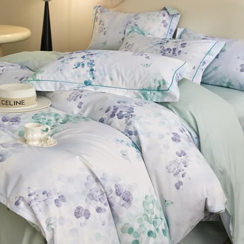 VM VOUGEMARKET Botanical Duvet Cover Set King,3 Pieces Purple Green Leaves Plants Duvet Cover with 2 Pillow Shams 100% Cotton Down Comforter Quilt Cover with Zipper