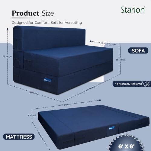 Image of Starlon 3 Seater Foldable Sofa Cum Bed 3-in-1 with 2 Geometrical Pattern Pillows, Washable Jute Fabric Cover, Space Saving Guest Bed, Royal Navy Blue 6x6 Ft