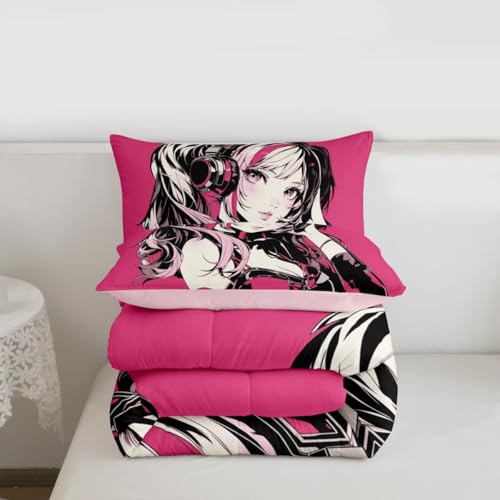 Image of Erosebridal Pink Anime Girls Bedding Cartoon Japanes-Style Comforter Set Queen, Graffiti Street Culture Bed Comforter Set for Kids Teens Youth Watercolor Hippie Style Duvet Set 3Pcs