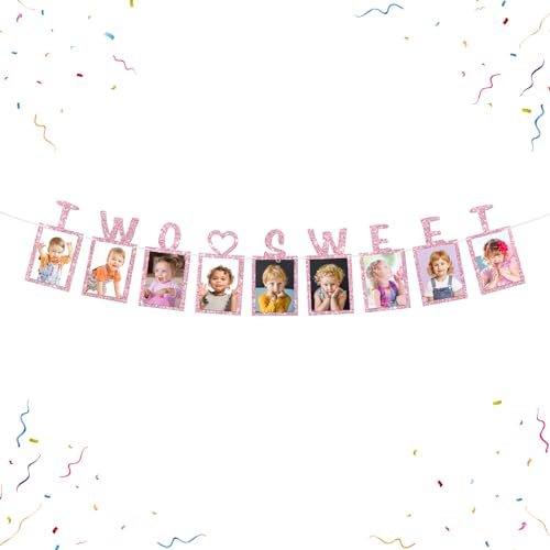 WeBenison Two Sweet Photo Banner Girls 2nd Birthday Paper Photo Sweet 2nd Anniversary Bunting Decorations Baby Shower Kid Birthday Picture Banner Pink Glitter