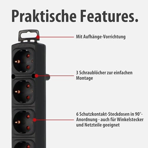Brennenstuhl Comfort-Line Plus Steckdosenleiste 6-Fach (Mehrfachsteckdose mit Flachstecker, Schalter, 2m Kabel und extra breite Abstände der Steckdosen) schwarz