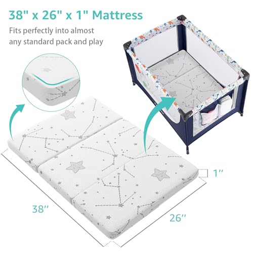 Image of YENING Trifold Pack and Play Mattress Pad Foldable 38x26 Waterproof Baby Mattress for Pack N Play Matress Topper Breathable
