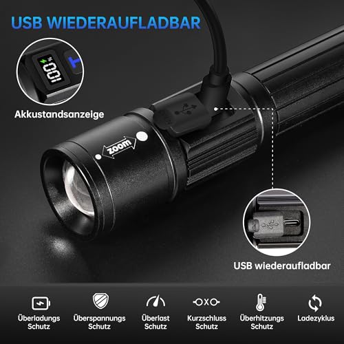 Taschenlampe LED Aufladbar 2 Stück, USB-C, Zoom, LCD-Display, 5 Modi – Ansicht 5