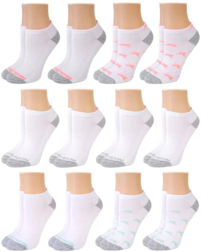 Image of Reebok Women's No Show Athletic Breathable Low Cut Cushioned Socks (12 Pack), Size 4-10, White /Pink /Green
