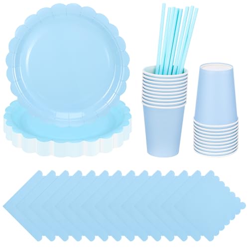 Image of 80 Pcs Light Blue Paper Plates and Napkins,Blue Graudation Party Supplies Include Light Blue Scalloped Plates Napkins Cups Straws for Baby Shower,Wedding,Birthday