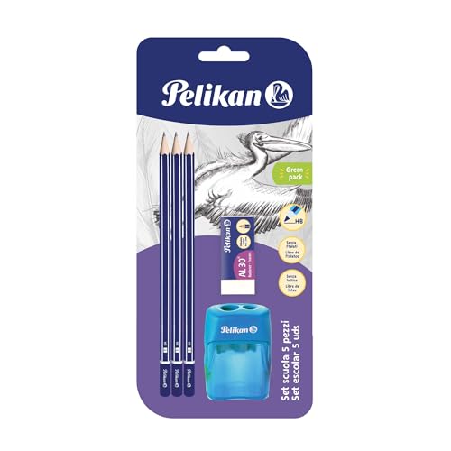 Pelikan - Set Escolar, 3 Lápices Grafito 2B, Sacapuntas Doble, Goma AS30, Madera, Forma Triangular Ergonómica, Material Escolar, Oficina, Papelería