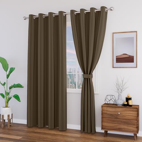 Image of Blackout Window Curtain with Tie Back 6 feet 2 Pcs | Room Darkening, Thermal Insulated, Noise Reducing Heavy Polyester Solid Curtain (Brown Colour)