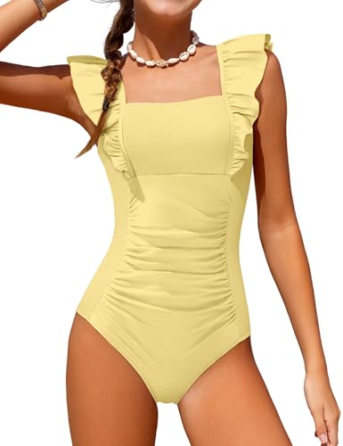 Image of NECIOUS Girls Swimsuit Ruffle Adjustable Straps One Piece Bathing Suit Solid Color Ruched Girls' Swimwear 9-16Y