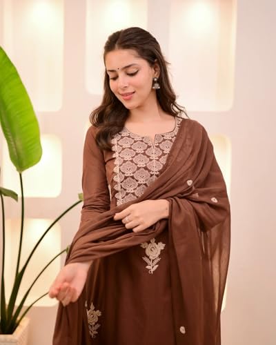 Image of Nermosa Women Embroidery Solid Straight Kurta and Pant Set with Dupatta