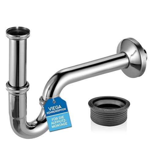 Viega Röhrensiphon Plus 101572 1 1/4 Zoll x 32mm, verchromt, verlängertes Tauchrohr und Wandrohr, Gummimanschette, Gumminippel by kör4u - für Abflussrohr 50x32mm - Made in Germany