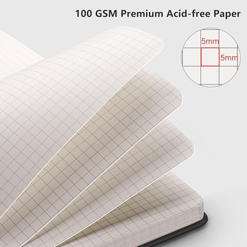 Image of RETTACY Graph Grid Paper Notebook, 192 Pages, A5 Size (5.7'' x 8.3'') | 5 Squares per Inch, Leather Hardcover, 100 GSM Thick Paper, for School, Students, Math, Engineering (Black)