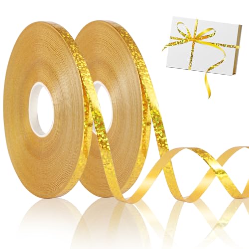 Annickee 2 Rollos Cinta de Regalo, 50 Metro Rollo Cinta Navidad, 5mm Cinta Dorada Brillante, Cinta de Regalo para Rizar, Cinta para Globos, Cinta para Envolver Regalos, Florista, Fiestas (Dorado)