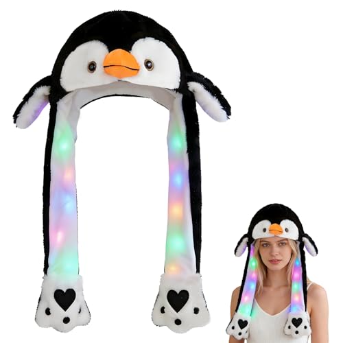 YeahBoom Pinguin Hut mit Beweglichen Ohren LED Mütze Ohren Bewegender Hut Tier Lustige Tiermütze Plüsch Mütze Drücken der Tiermütze Machen Geschenk Cosplay Wintermütze Hütte für Erwachsene
