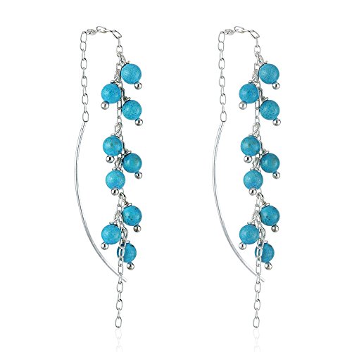 925 Sterling Silver Blue-green Reconstructed Turquoise Gemstone Multi Bead Long Dangle Earrings