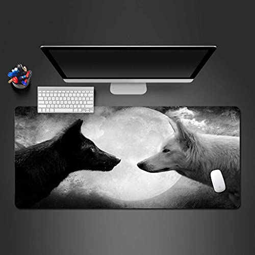 Tapis de souris gamer 1000x500 mm loup animal noir et blanc pour PC