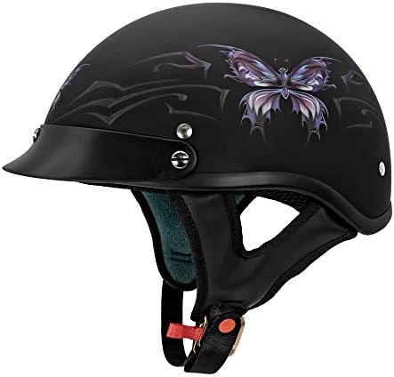 VCAN Cruiser Intricate Butterfly Motorcycle Half Helmet (Flat Black, Small)