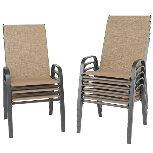 Image of Betterhood Patio Chairs Set of 8, Stackable Outdoor Dining Chairs Set with Breathable Seat Fabric, All-Weather Powder-Coated Metal Frame for Pool Side, Backyard, 350LBS Capacity (Khaki, Set of 8)