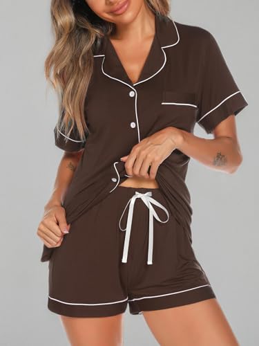 Image of Aamikast Button Up Pajama Set for Women Shorts Short Sleeve Knit Sleepwear 2 Pice Pjs Sets