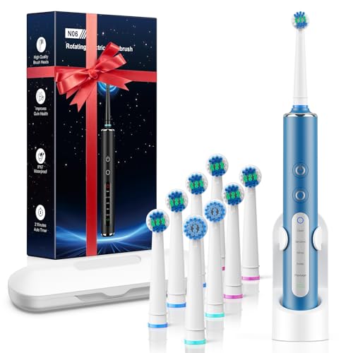 Cepillo de dientes eléctrico rotatorio para adultos y niños con 3 intensidades y 5 modos, cepillo dientes electrico con 8 cabezales, estuche de viaje, batería de 120 días (Azul Oscuro)