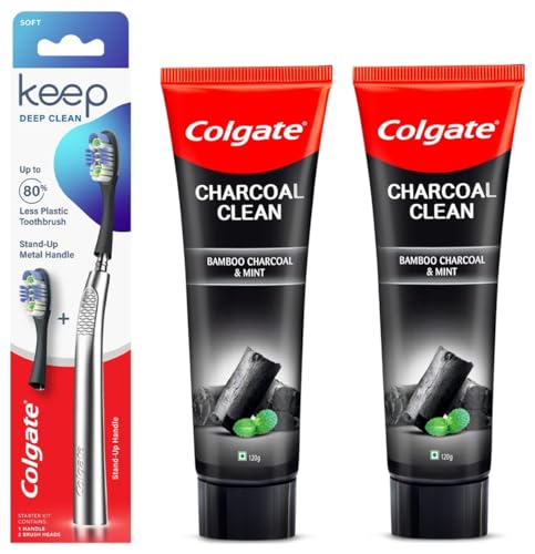 Image of Colgate Keep Deep Clean Toothbrush - Soft (1 Handle + 2 Brush Heads) (Glacial Silver) & Colgate Charcoal Clean 240g (120g x 2, Pack of 2) Black Gel Toothpaste