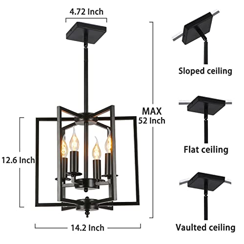 Pendant Light Fixture Industrial Farmhouse 4 Lights Flush Mount Metal Ceiling Light,Adjustable Height E12 Base Candle Lantern Hanging Light For Dining Room Kitchen Island Bedroom Living Room(Black) #TOP5