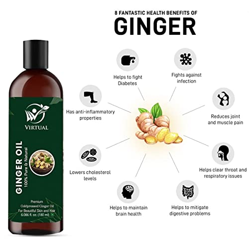 Image of VIRTUAL Pure Ginger Essential Oil For Stronger Hair, Body Skin Care, Moisturizing Dry Skin, Cold Pressed Oil With No Mineral & SiliconesFor Shine Hair,(Ginger Oil, 180 ML) Pack of 2
